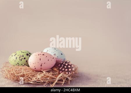 Easter eggs painted in muted colors with a feather on a hay nest against a soft pink background, copyspace for Happy Easter text, retro filter effect. Stock Photo