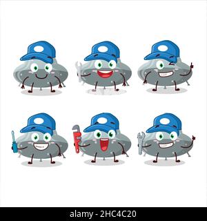 mechanic UFO gray gummy candy cute mascot character with pliers. Vector illustration Stock Vector