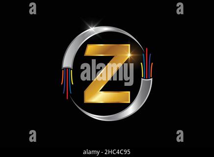 Initial Z monogram letter alphabet with electric wire, optical fiber cable. Font emblem. Stock Vector