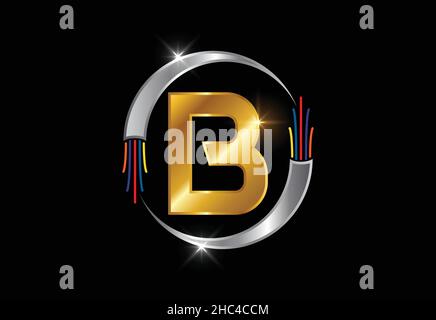 Initial B monogram letter alphabet with electric wire, optical fiber cable. Font emblem. Stock Vector