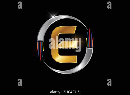 Initial E monogram letter alphabet with electric wire, optical fiber cable. Font emblem. Stock Vector