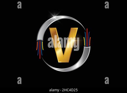 Initial V monogram letter alphabet with electric wire, optical fiber cable. Font emblem. Stock Vector