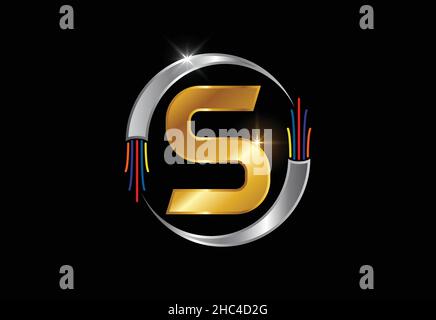 Initial S monogram letter alphabet with electric wire, optical fiber cable. Font emblem. Stock Vector