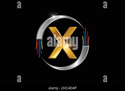 Initial X monogram letter alphabet with electric wire, optical fiber cable. Font emblem. Stock Vector