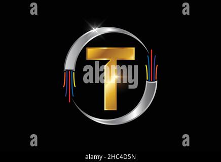 Initial T monogram letter alphabet with electric wire, optical fiber cable. Font emblem. Stock Vector