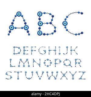Alphabet from jewelry with the eye of fatima, beads, amulet. Set of isolated vector objects on a white background. Stock Vector
