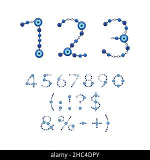 Numbers, signs, from jewelry with the eye of fatima, beads, amulet. Set of isolated vector objects on a white background. Stock Vector