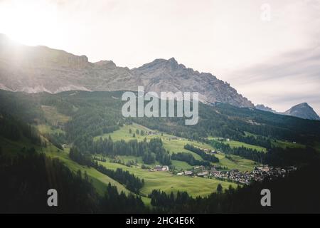 aerial view of dolomites mountains with sun shining in the morning Stock Photo