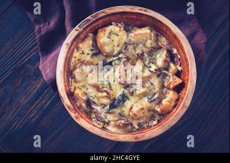 Creamy garlic mushrooms and bacon in the bowl Stock Photo