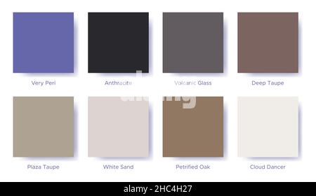Palette with the color of 2022 are Very Peri. Sample color guide palette catalog of swatches. Matching shades for fashion trends - collection Star of Stock Vector