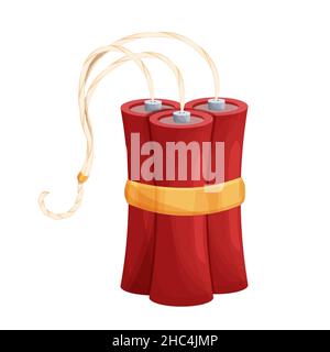 Red dynamite stick, bomb in cartoon style isolated on white background. Weapon vintage game element. Explosion object. Vector illustration Stock Vector