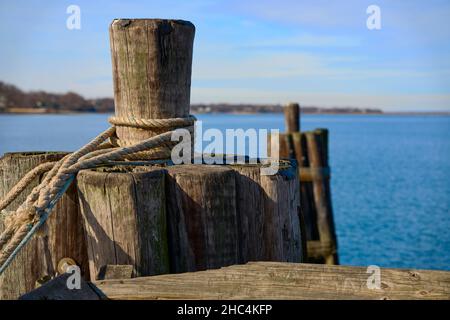 Closeup shot of wooden logs by the sea Stock Photo