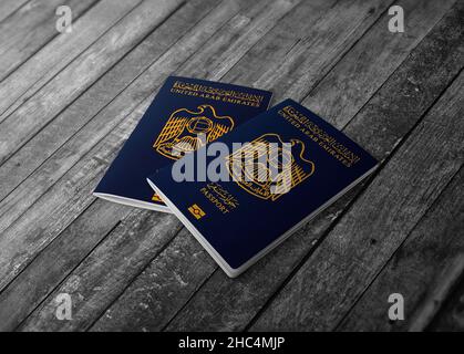 Passports of  Arab Emirates ,uae passports on the top of an wood background Stock Photo