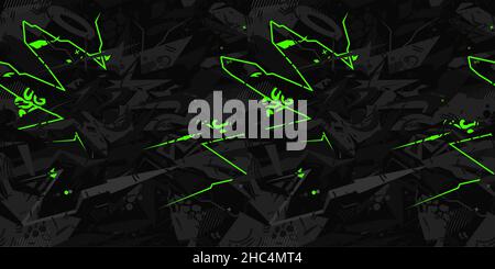 Dark Seamless Urban Cyberpunk Abstract Graffiti Style Pattern Vector Illustration Background Art Stock Vector