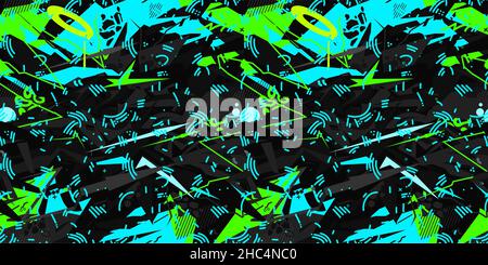 Seamless Urban Cyberpunk Abstract Graffiti Style Pattern Vector Illustration Background Art Stock Vector