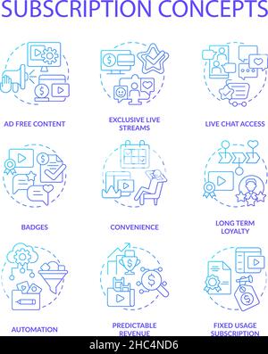 Subscription blue gradient concept icons set Stock Vector