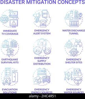 Disaster mitigation blue gradient concept icons set Stock Vector