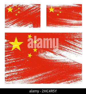 set of China flag chalk scratch paint grunge textures on white background. Texture of old poster back with China flag. Vector Stock Vector