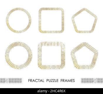 Set of golden round and square abstract geometric fractal frames for decorative headers. Gold ornates mosaic frames with leaves isolated on white back Stock Vector