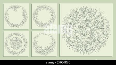 abstract round backgrounds of small hand drawn chaotic lines curves. Random children doodles of scribbles. Isolated vector Stock Vector