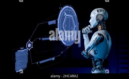 Robot standing in front of a futuristic user interface. 3D illustration Stock Photo
