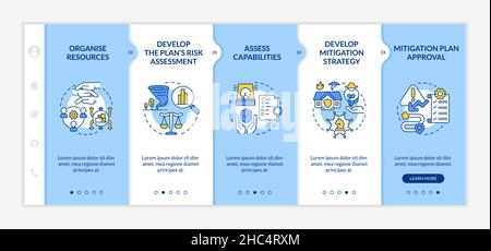 Hazard mitigation steps blue and white onboarding template Stock Vector