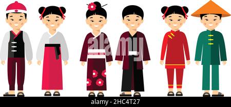 Vector illustration of chinese, japanese children, boy, girl. Stock Vector