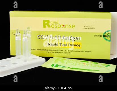 Open kit of Rapid Response, rapid Covid-19 Antigen test device pack of 5 distributed by government. Halifax, Canada. December, 2021 Stock Photo