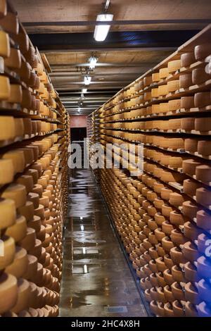 Visiting Gruyere cheese factory and museum, Switzerland Stock Photo