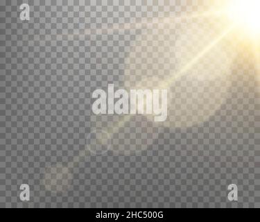 Sunlight lens flare, sun flash with rays and spotlight. Gold glowing burst explosion on a transparent background.   Vector illustration. Stock Vector