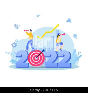 Happy new year 2022. 2022 business goals concept illustration. Businessman hold magnifying glass, checking charts and diagrams, flying on rocket and s Stock Vector