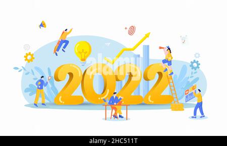Happy new year 2022. 2022 business goals concept illustration. Businessman hold magnifying glass, checking charts and diagrams, flying on rocket and s Stock Vector
