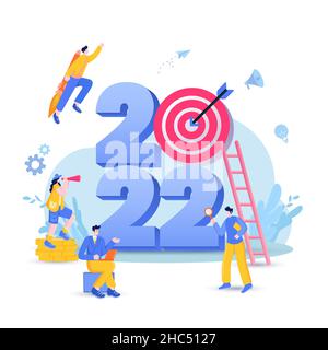 Happy new year 2022. 2022 business goals concept illustration. Businessman hold magnifying glass, checking charts and diagrams, flying on rocket and s Stock Vector