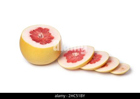 Single red sliced pummelo close up isolated on white background Stock Photo