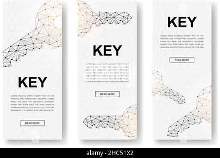 Set of three Key polygonal vertical banners. 3d Key low poly symbols with connected dots. Vertical illustration for homepage design, promo banner. Stock Vector