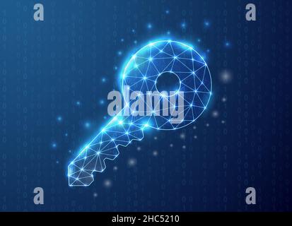 Key polygonal symbol with blue binary code background. Security concept design vector illustration. Blue Key low polysymbol for landing page Stock Vector