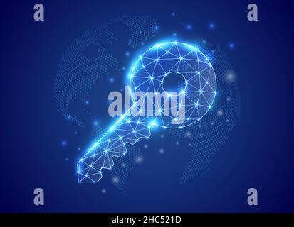 3d Key low poly symbol with blue world map background. Security concept design vector illustration. Blue Key polygonal symbol for landing page Stock Vector