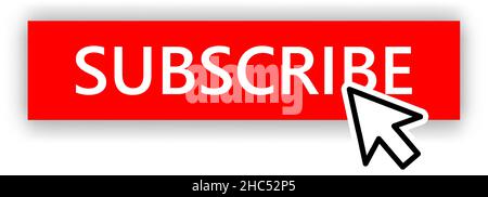 Red subscribe button for video channel mockup. Web button with arrow cursor. Subscribe element for social media webpage template Stock Vector