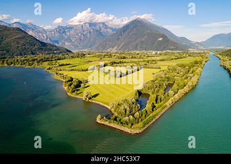 Lake Como (IT), Mouth of the river Adda in the lake, aerial view Stock Photo