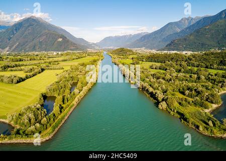 Lake Como (IT), Mouth of the river Adda in the lake, aerial view Stock Photo