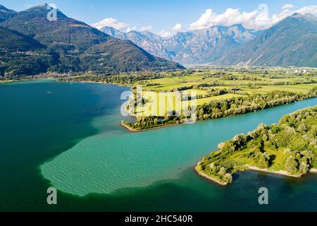 Lake Como (IT), Mouth of the river Adda in the lake, aerial view Stock Photo