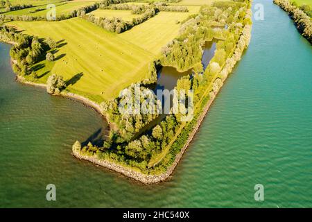 Lake Como (IT), Mouth of the river Adda in the lake, aerial view Stock Photo