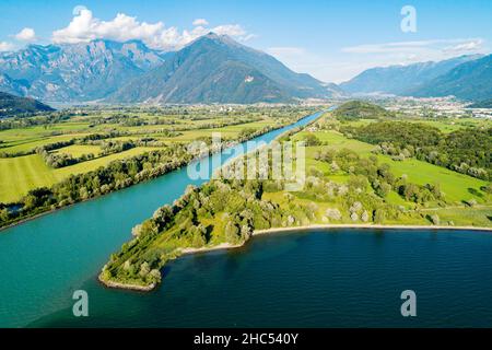 Lake Como (IT), Mouth of the river Adda in the lake, aerial view Stock Photo