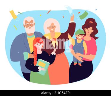 Quarantine ended - modern colorful flat design style illustration. Happy family, members of all ages, from grandparents to grandchildren, rejoice. Dre Stock Vector
