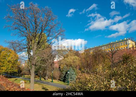 View of the Aleksandrovsky Garden on an autumn day- a park in the Tverskoy district of Moscow, located along the western Kremlin wall, stretching from Stock Photo