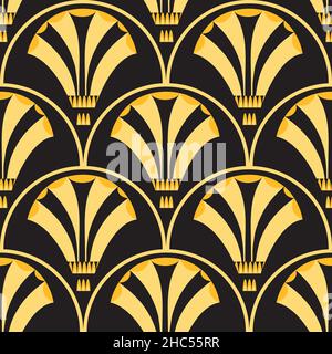 Art Deco stylized floral scale vector seamless pattern background. Black gold abstract 1920s geometric background with golden fan shaped flowers and Stock Vector