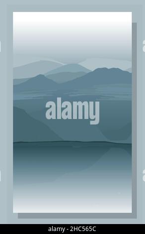 Abstract landscape. Interior poster with mountain views. Gray-green tones. Misty DAWN. Sunrise in the mountains. Vector illustration. Stock Vector