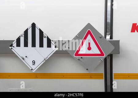 Marking of hazardous goods on a tank - truck by means of hazard labels 'Various hazardous substances 9' and, in addition, hazardous goods labels 'Subs Stock Photo