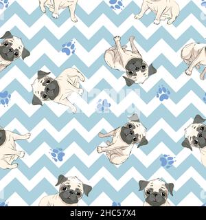 Vector seamless pattern with cute cartoon dog puppies. Can be used as a background, wallpaper, fabric and for other design.French Bulldog pattern Stock Vector