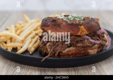 Shredded short rib sandwich with grilled chesse and served with a generous portion of french fries. Stock Photo